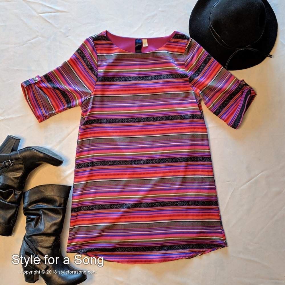 Blue Rain Pink Purple Striped Shift Tunic Dress S